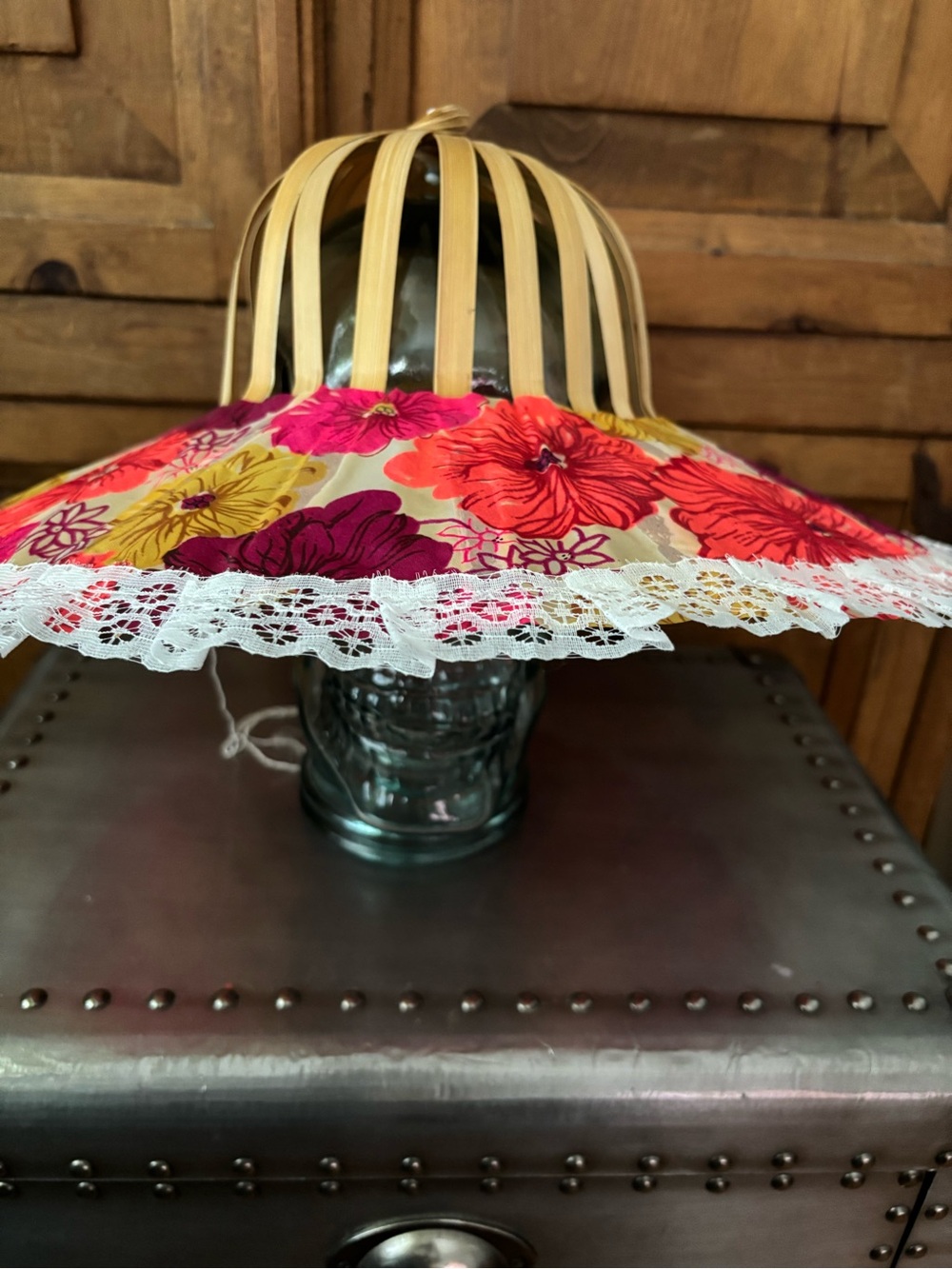 Vintage foldable bamboo fan style hat Multicolor Pink & Red